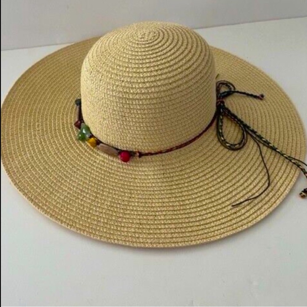 Bohemian Large straw hat with beading detailing with chin strap and bow tie - Picture 8 of 15